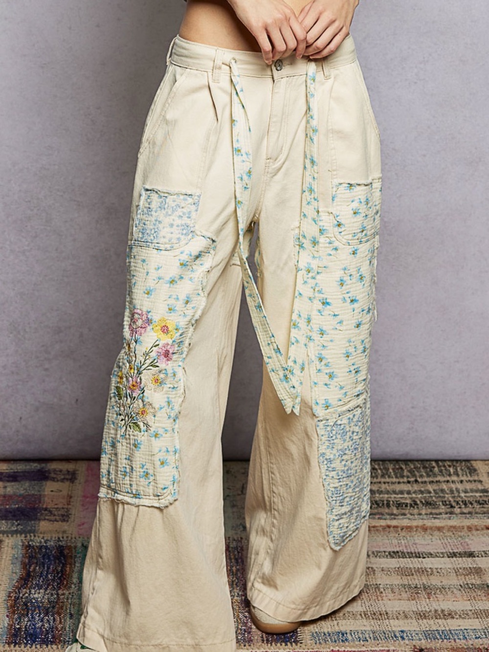 PB16 New POL Boho Patchwork Wide-Leg Cream Pants